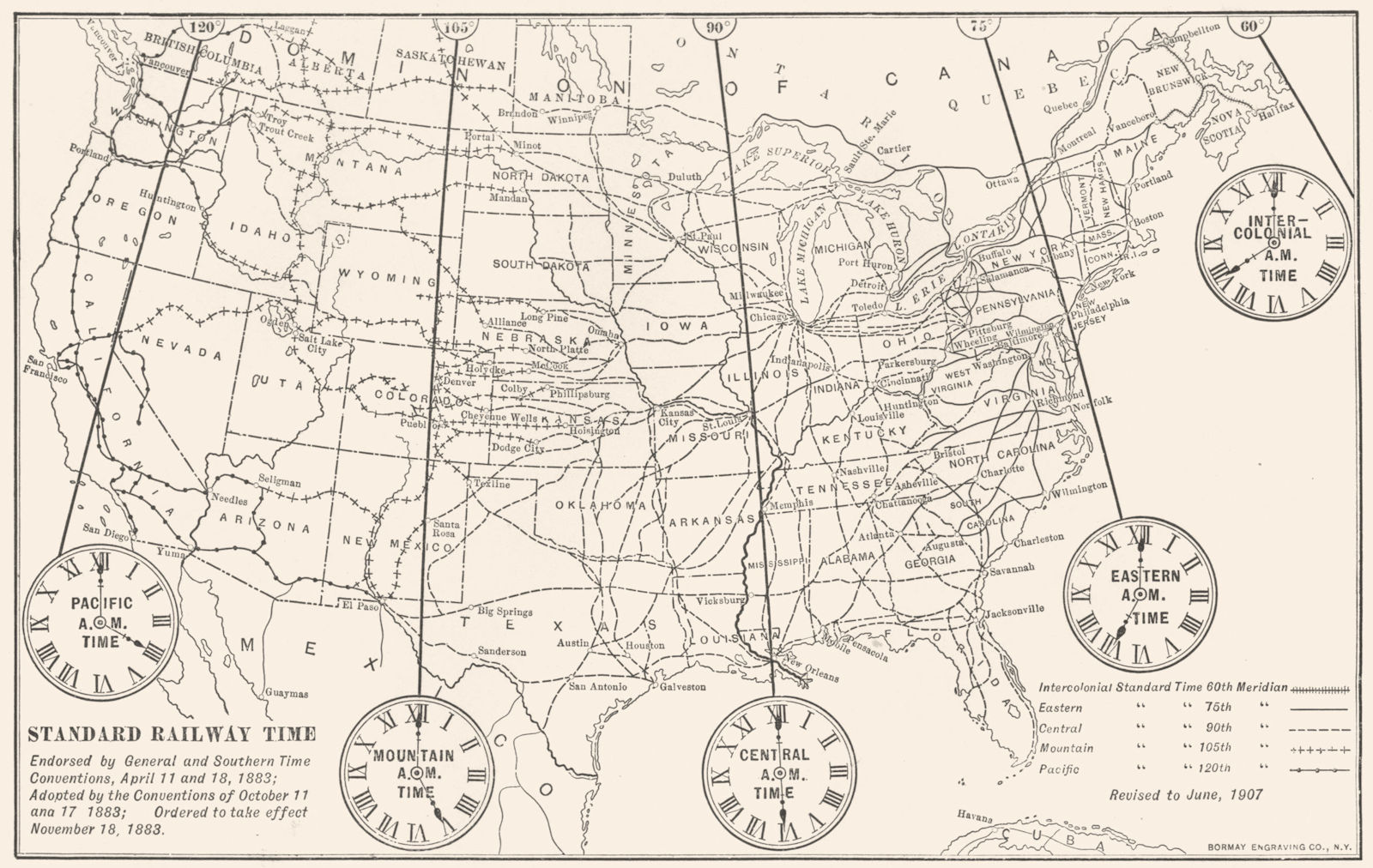 UNITED STATES Standard Railway Time. Inter-colonial Pacific Eastern &c 1907 map