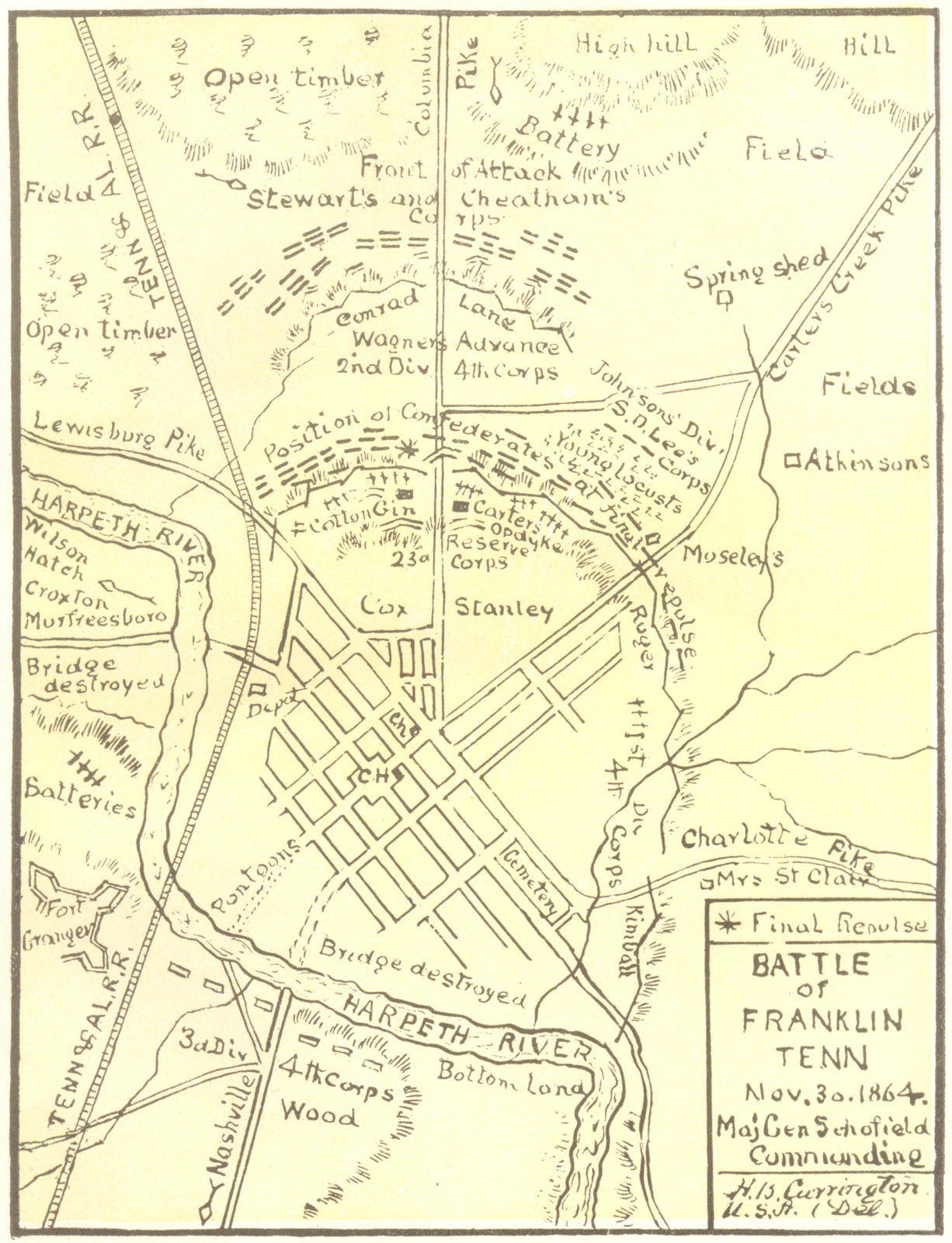 Battle of Franklin, Tennessee November 30th 1864 1907 old antique map chart