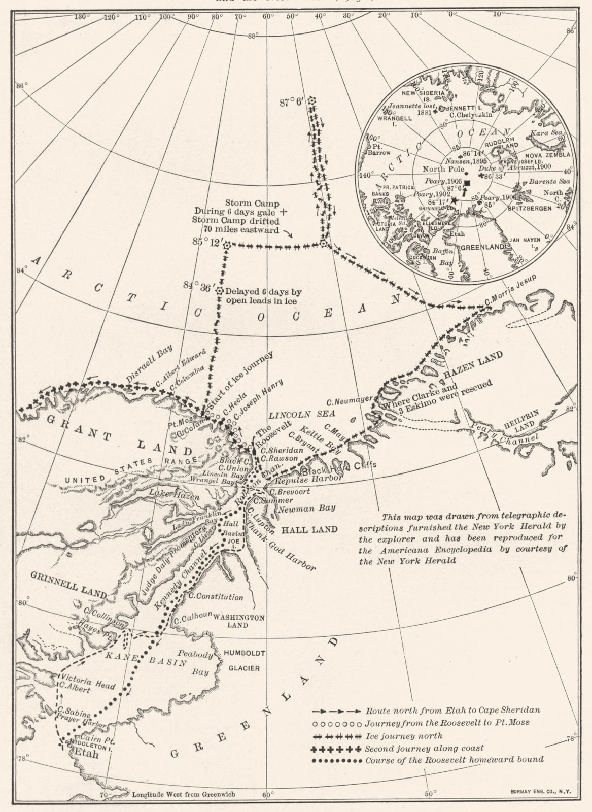 Associate Product ROBERT PEARY NORTH POLE EXPEDITION (1905-1906). Route. Roosevelt 1907 old map
