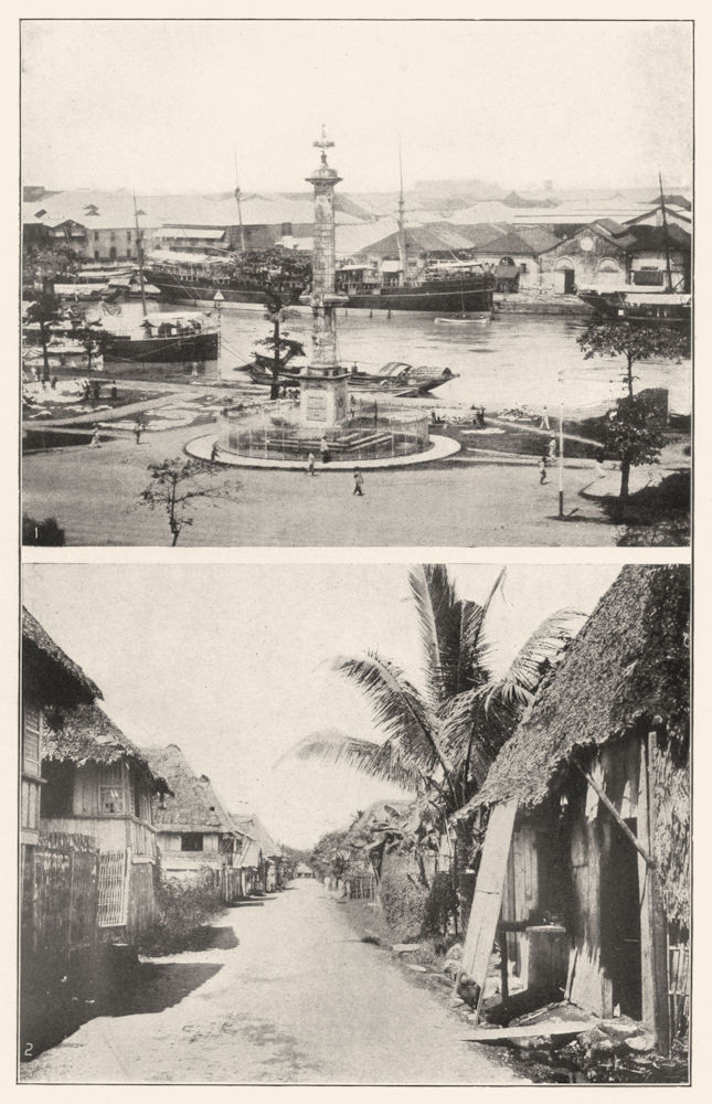 PHILIPPINES. Magellan monument Pasag river, Manilla; Nipa huts 1907 old print