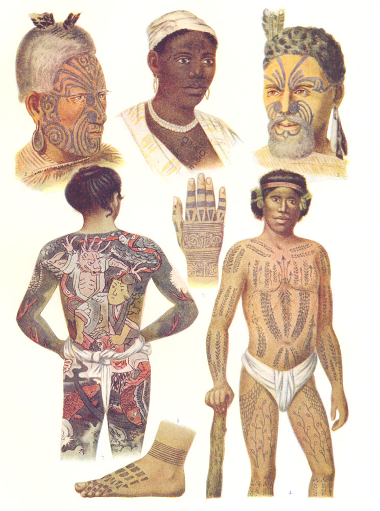 TATTOOS. Sudan; Maori New Zealand; Caroline Islands; Dyak Borneo; Japan 1907