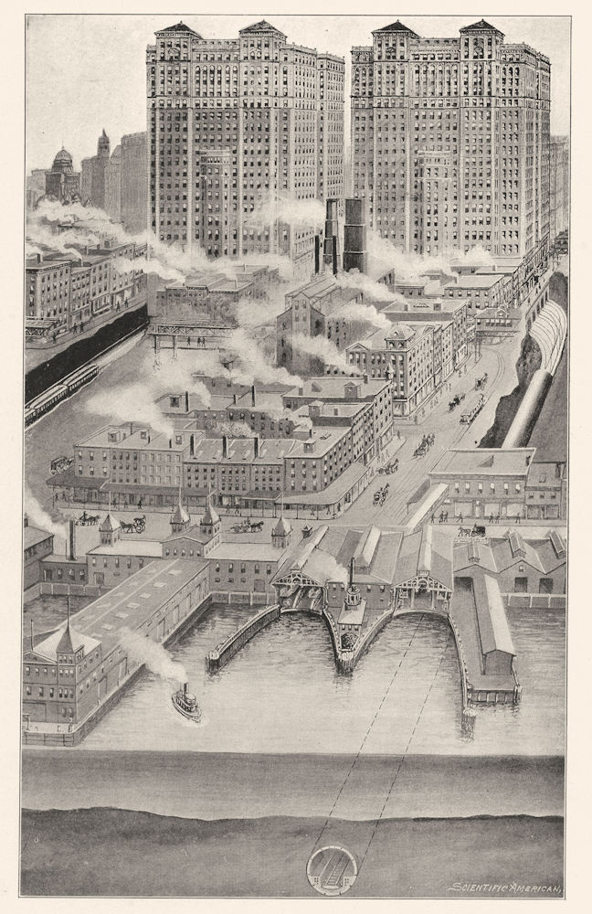 NEW YORK. City; huge Terminal Stn Hudson Tunnel Cortlandt St 1907 old print
