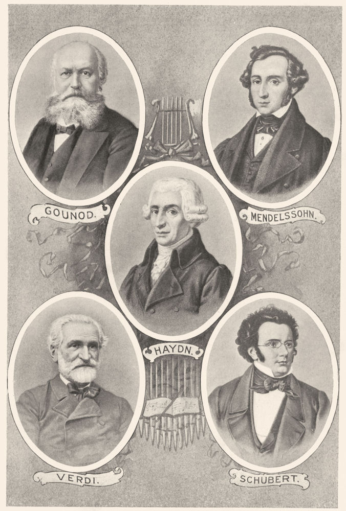 COMPOSERS. Gounod; Mendelssohn; Haydn; Verdi; Schubert 1907 old antique print