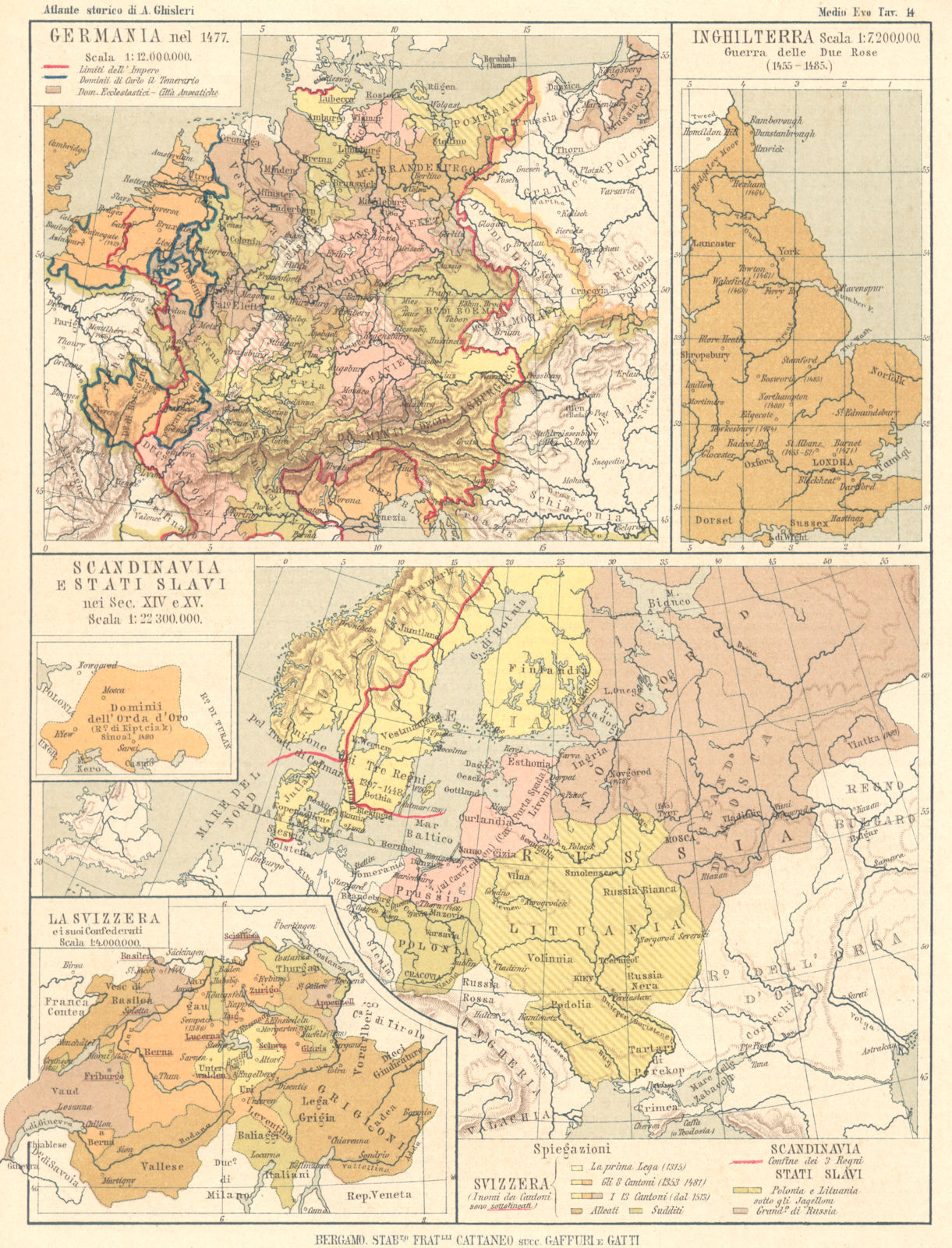Associate Product EUROPE. Scandinavia Russia 14-15C Svizzera Germania 1477 Inghilterra 1889 map