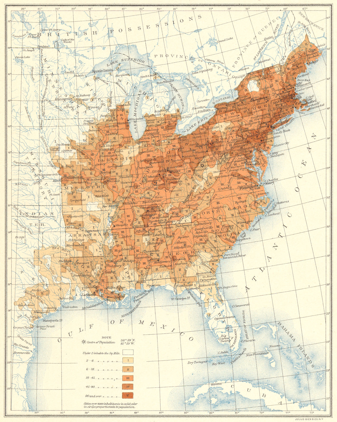 USA. Population distribution East of the 100th Meridian. 1850 1900 old map