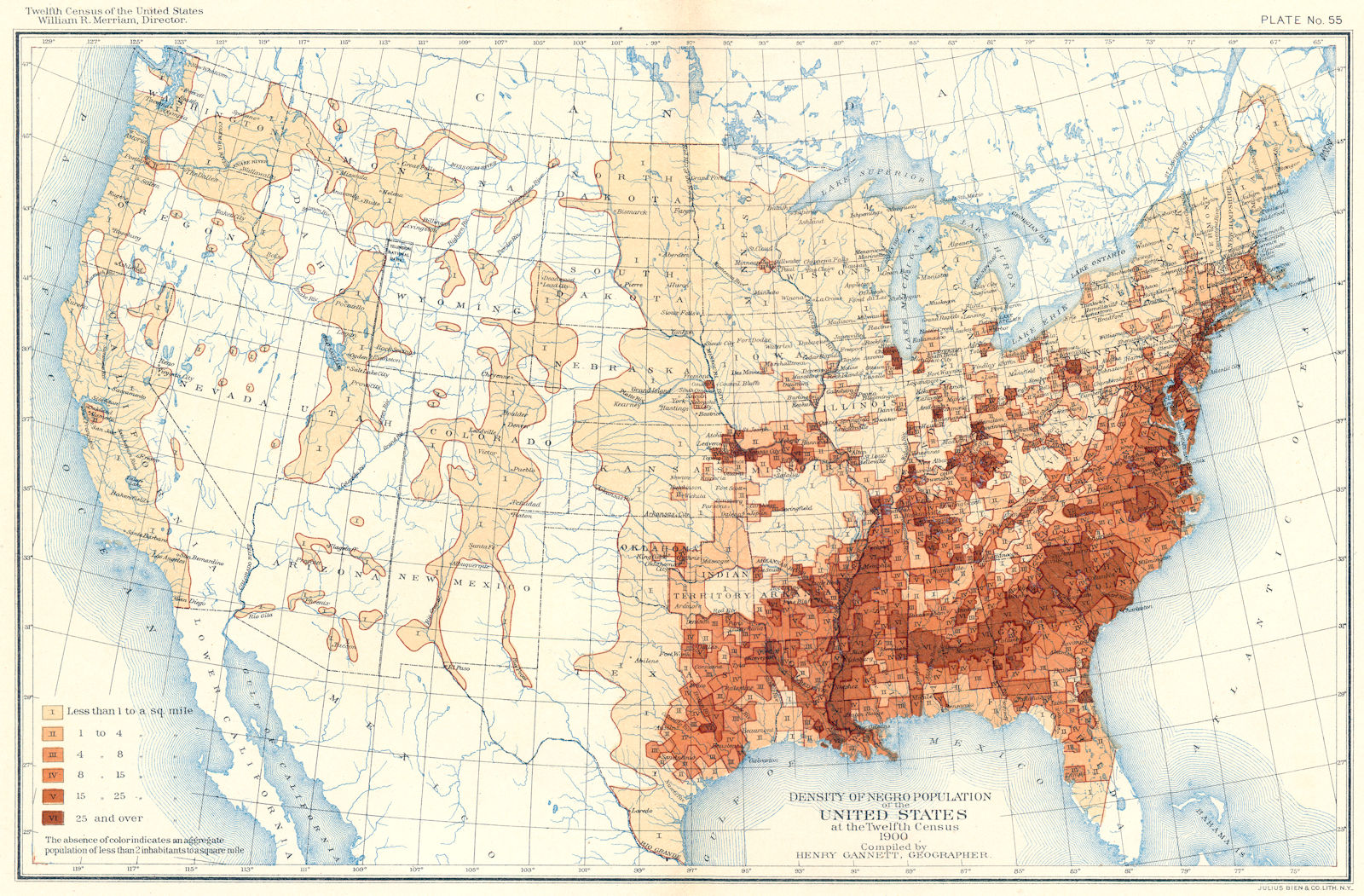 USA. Density of Negro population US at 12th census  1900 old antique map chart