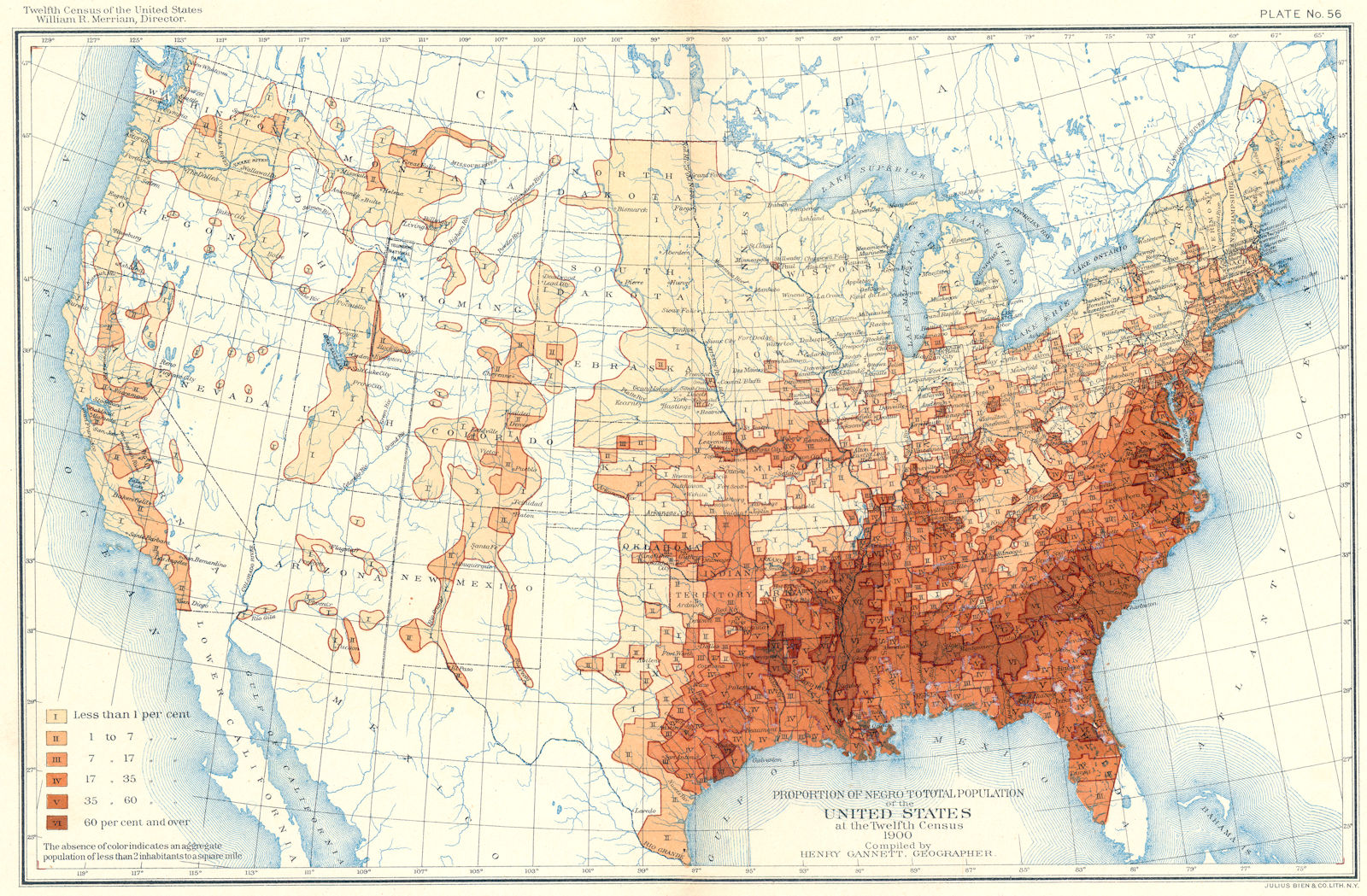 USA. Proportion of Negro to total population US at 12th Census  1900 old map