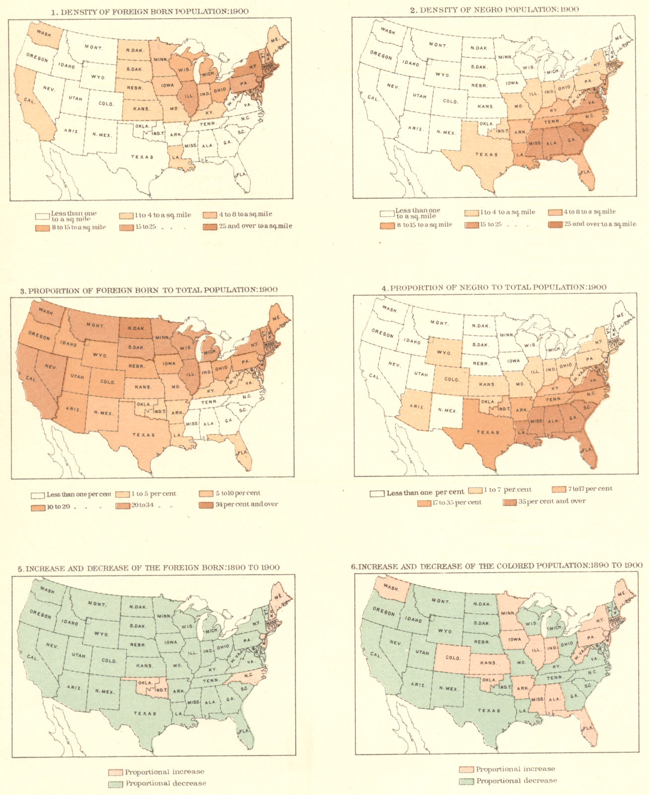 USA. Population. Density. Foreign born, negro, increase; 1890-1900 1900 map