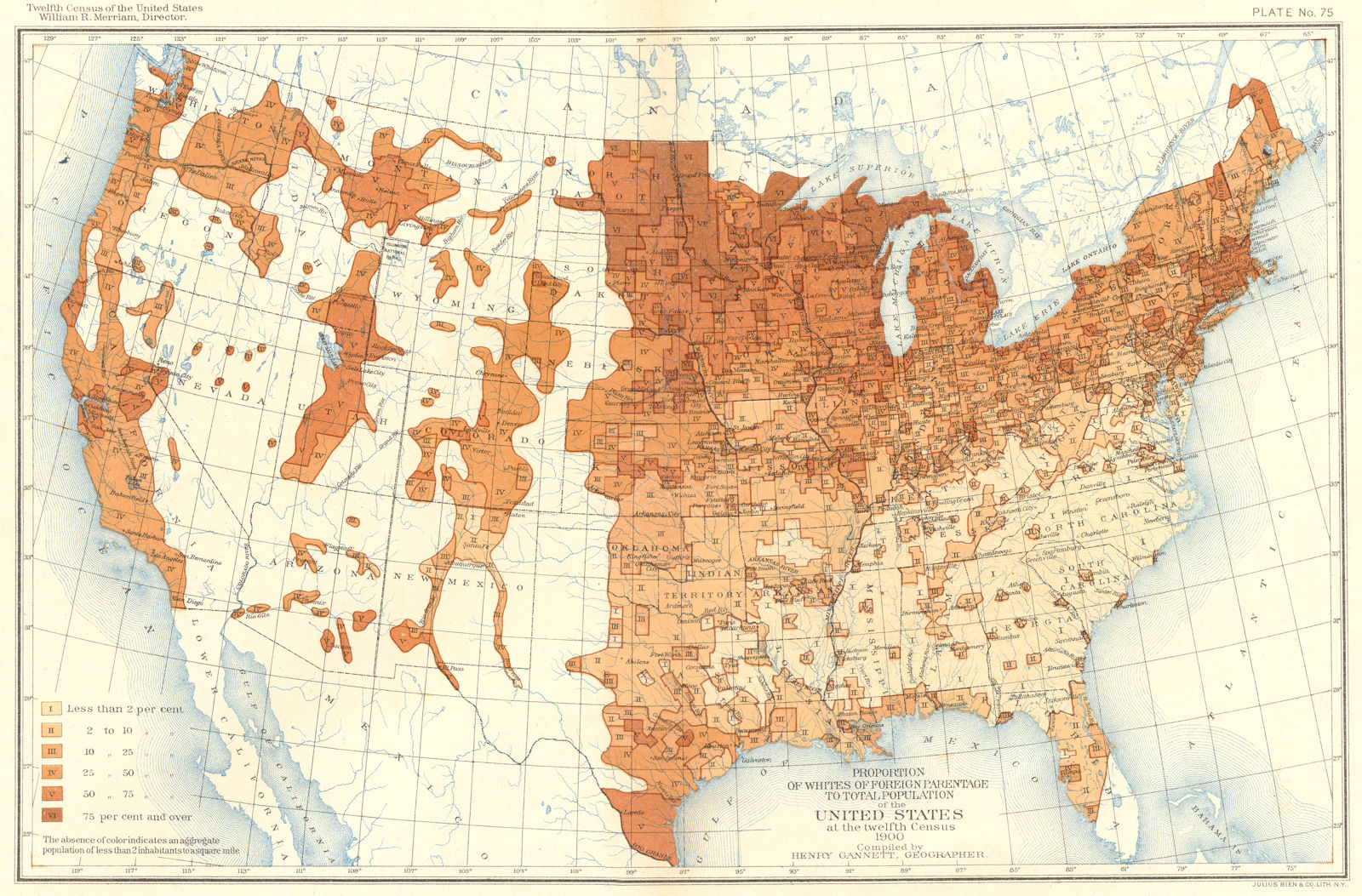 Associate Product USA. % whites Foreign parentage total population US 12th census  1900 old map