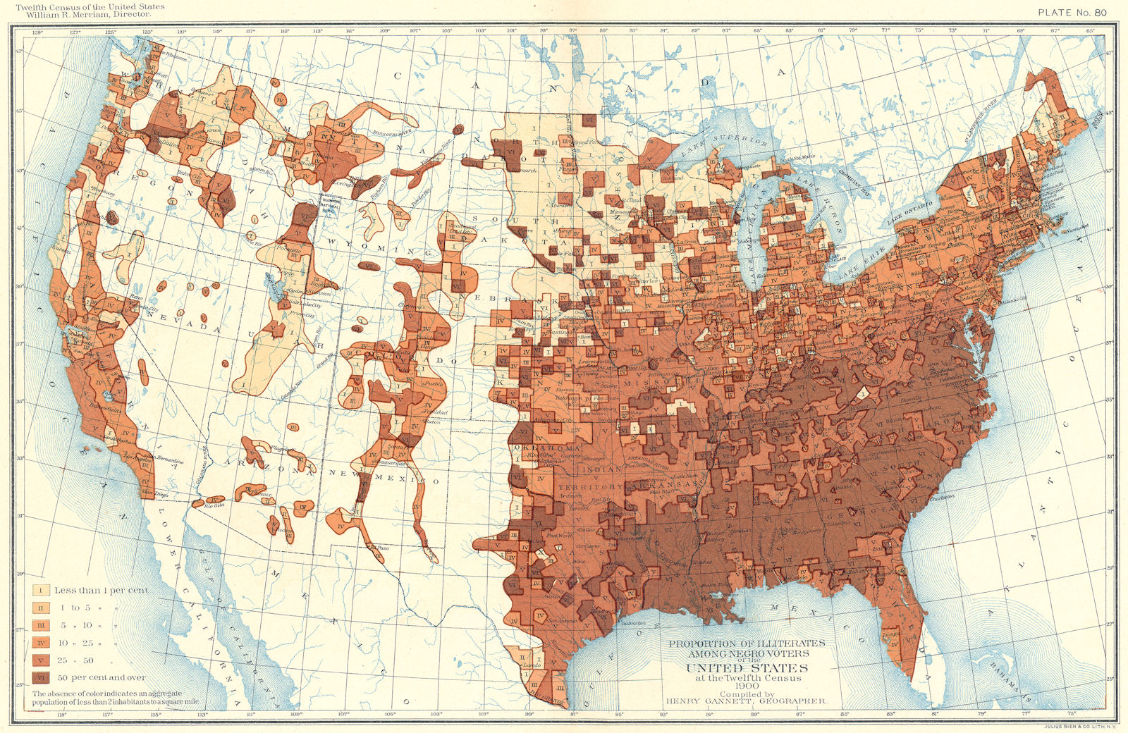 Associate Product USA. % Illiterates among negro voters US 12th census  1900 old antique map