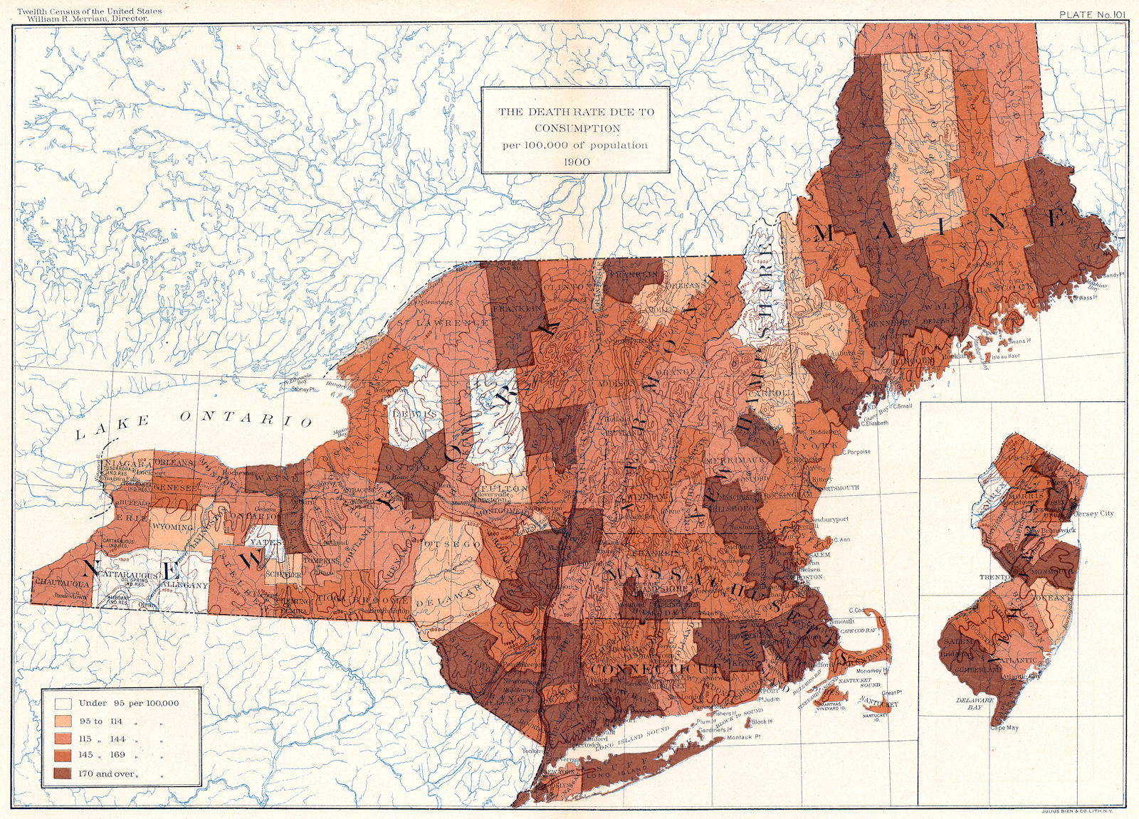 Associate Product USA. Death rate due to TB per 100, 000 of population  1900 old antique map