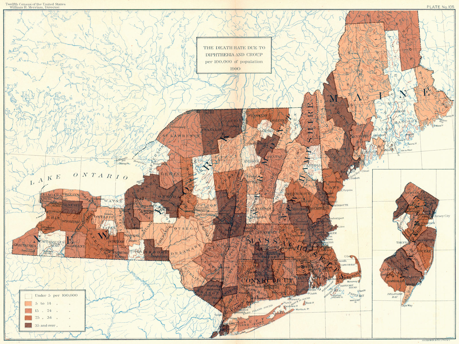 Associate Product USA. Death rate due Diphtheria Croup per 100, 000 population  1900 old map