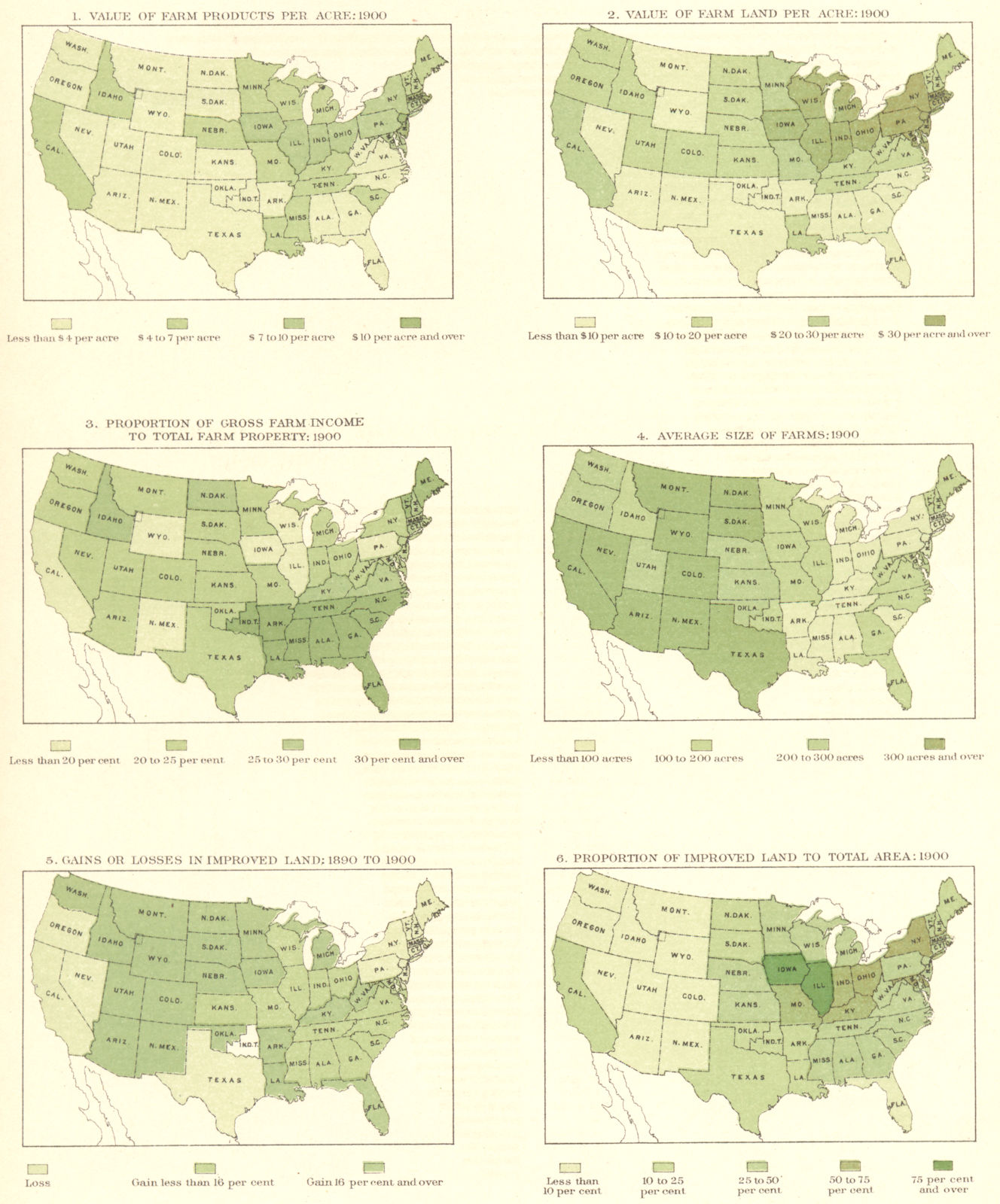 USA. Value Farm products, land / Acre; average size; improved, income 1900 map