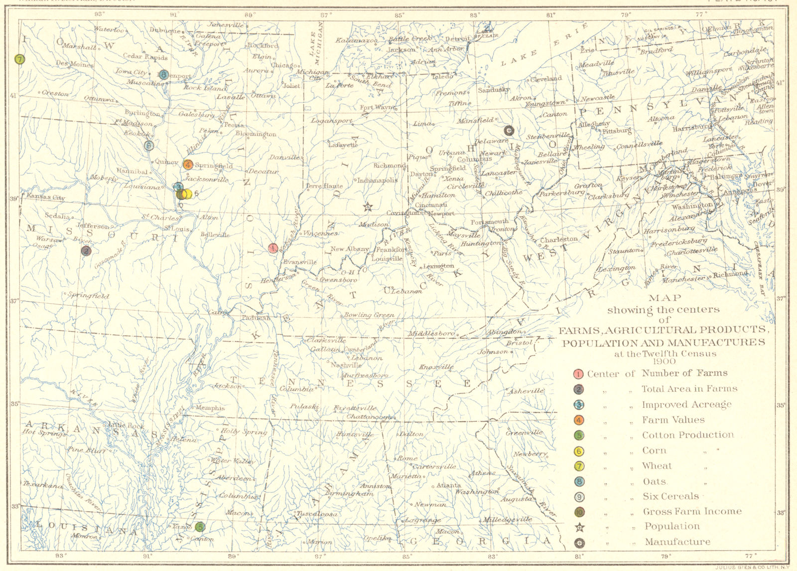 Associate Product USA. Agriculture. Map center farms, farm products, population 12th census  1900