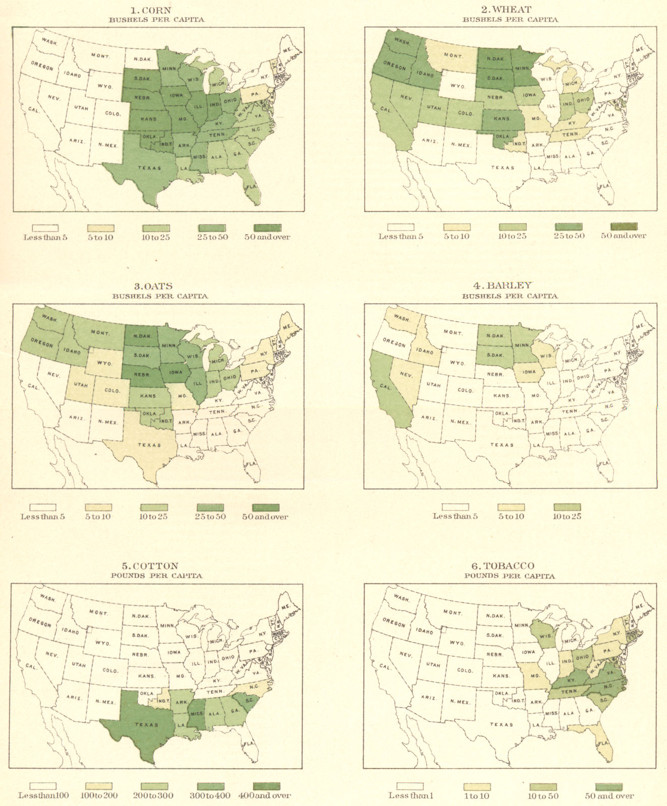 USA. Crop production ; Corn Wheat Oats Barley Cotton Tobacco 1900 old map