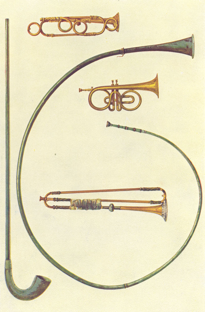 MUSIC. Lituus Roman Cav. Buccina, Inf. Cornet, 2 valves Trumpets 1945 print