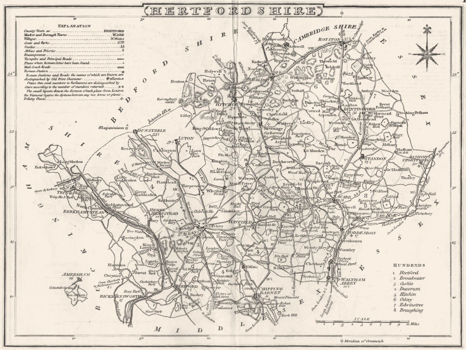 HERTFORDSHIRE. County map. Polling places. Coach roads. DUGDALE 1845 old