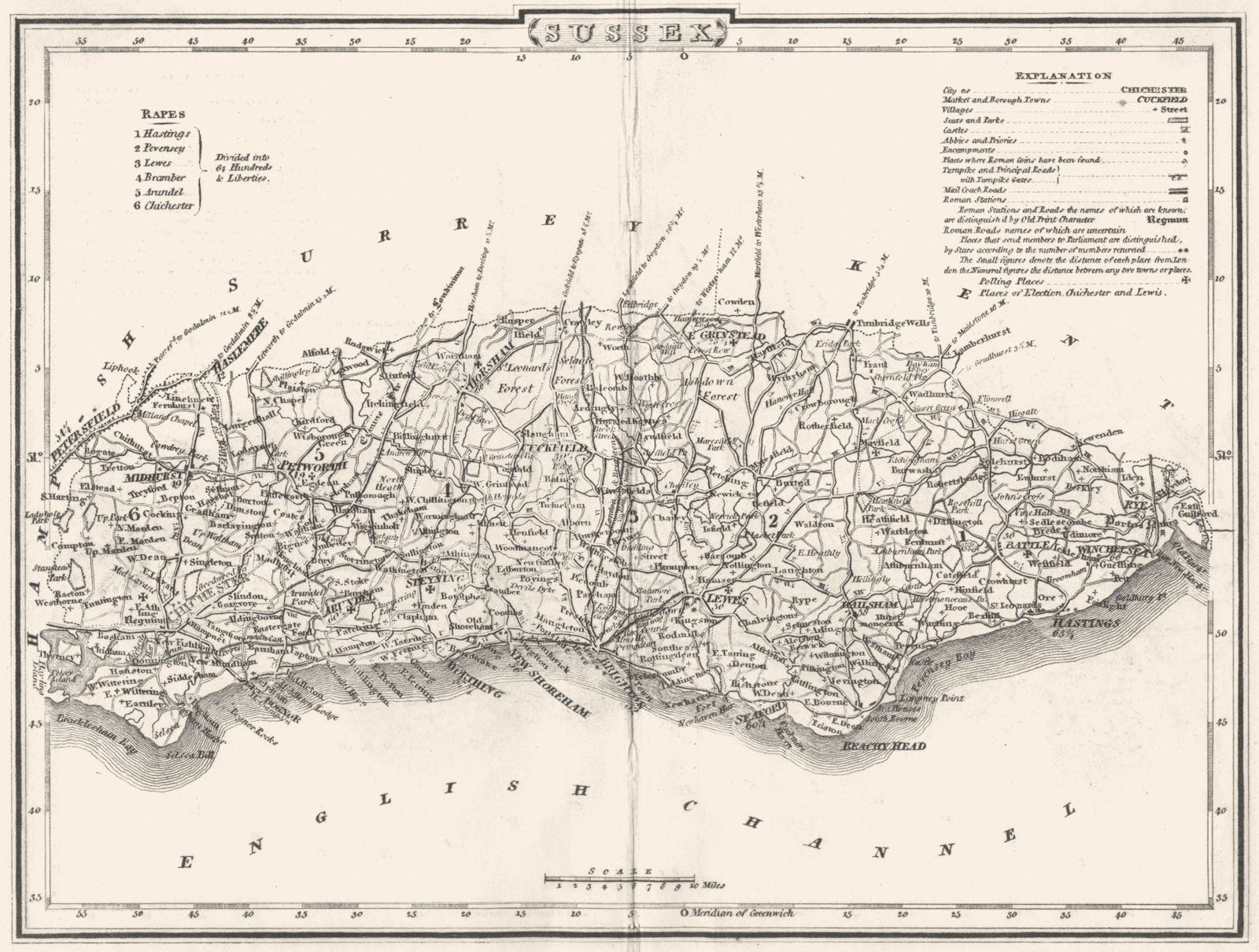 SUSSEX. County map. Polling places. Coach roads. DUGDALE 1845 old antique