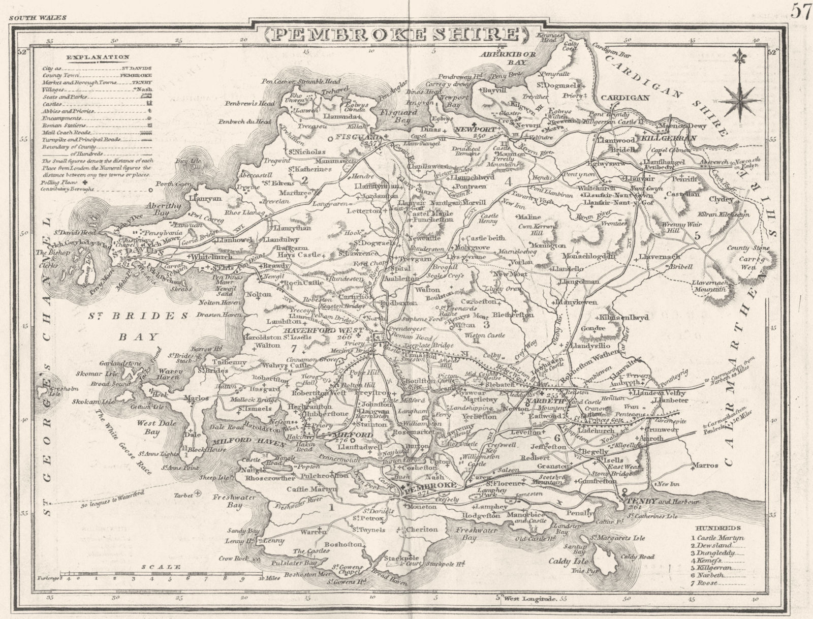 PEMBROKESHIRE. County map. Polling places. Coach roads. DUGDALE 1845 old