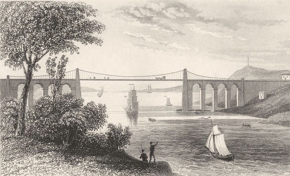 Associate Product WALES. The Suspension bridge, near Bangor. DUGDALE 1845 old antique print