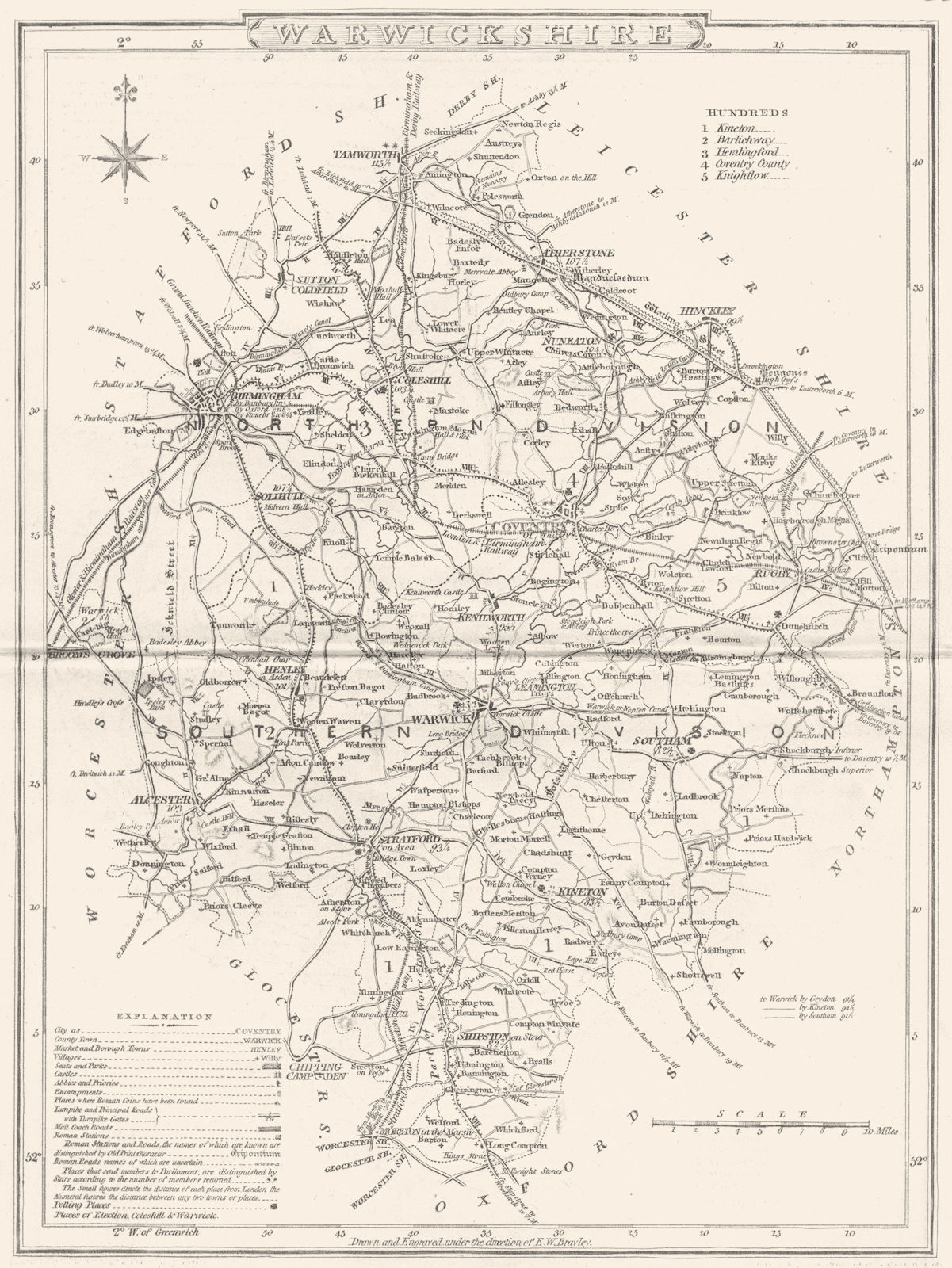 WARWICKSHIRE. County map. Polling places. Coach roads. DUGDALE 1845 old