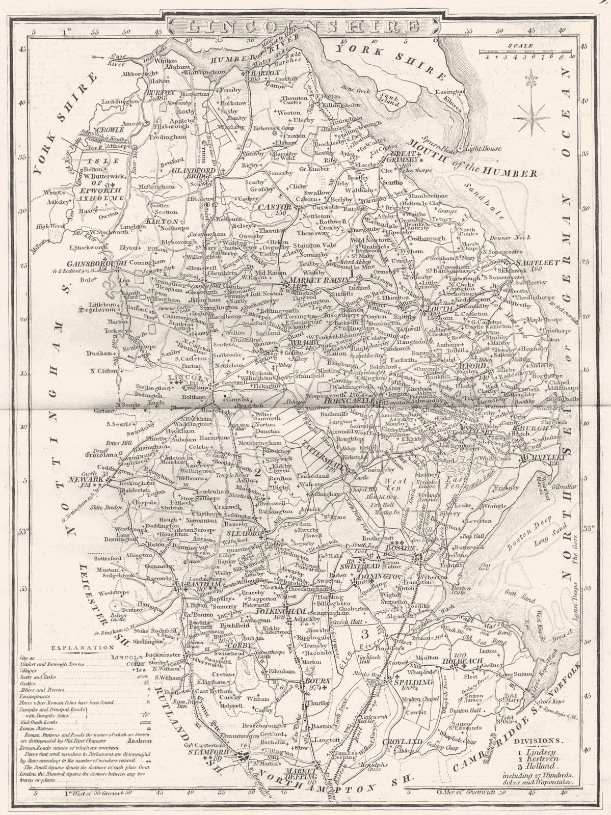 LINCOLNSHIRE. County map. Polling places. Coach roads. DUGDALE 1845 old