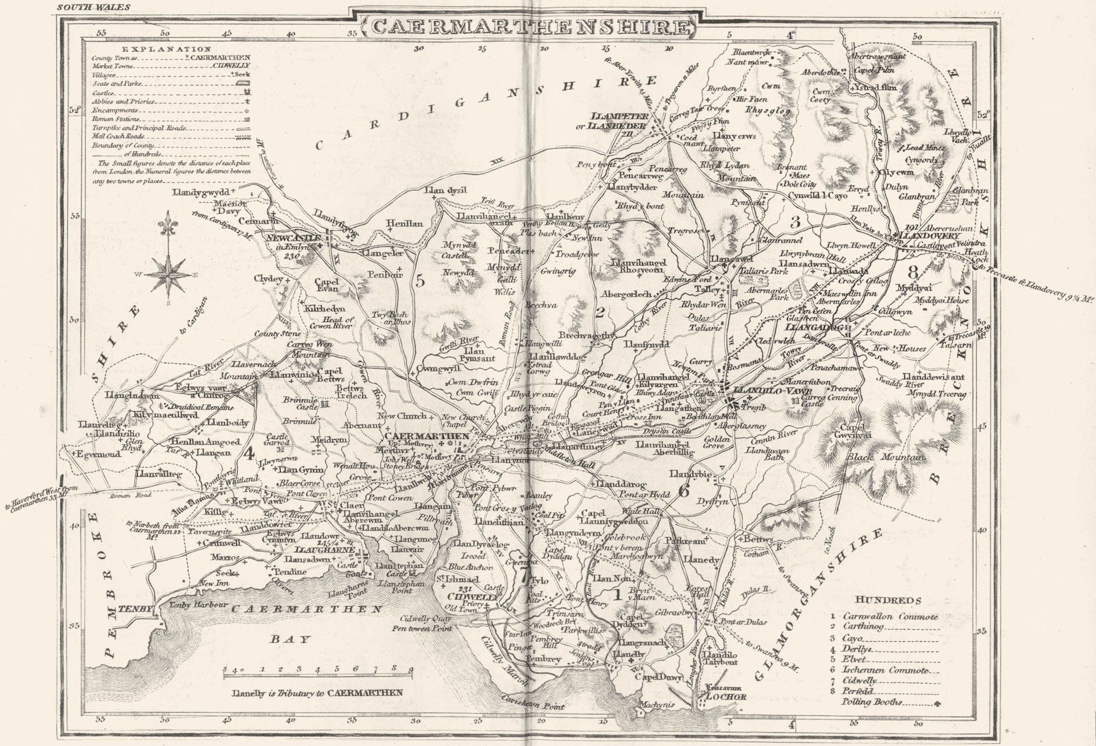 CARMARTHENSHIRE. County map. Polling places. Coach roads. DUGDALE 1845 old