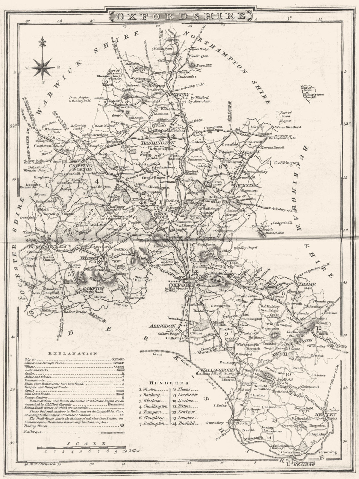 OXFORDSHIRE. County map. Polling places. Coach roads. DUGDALE 1845 old