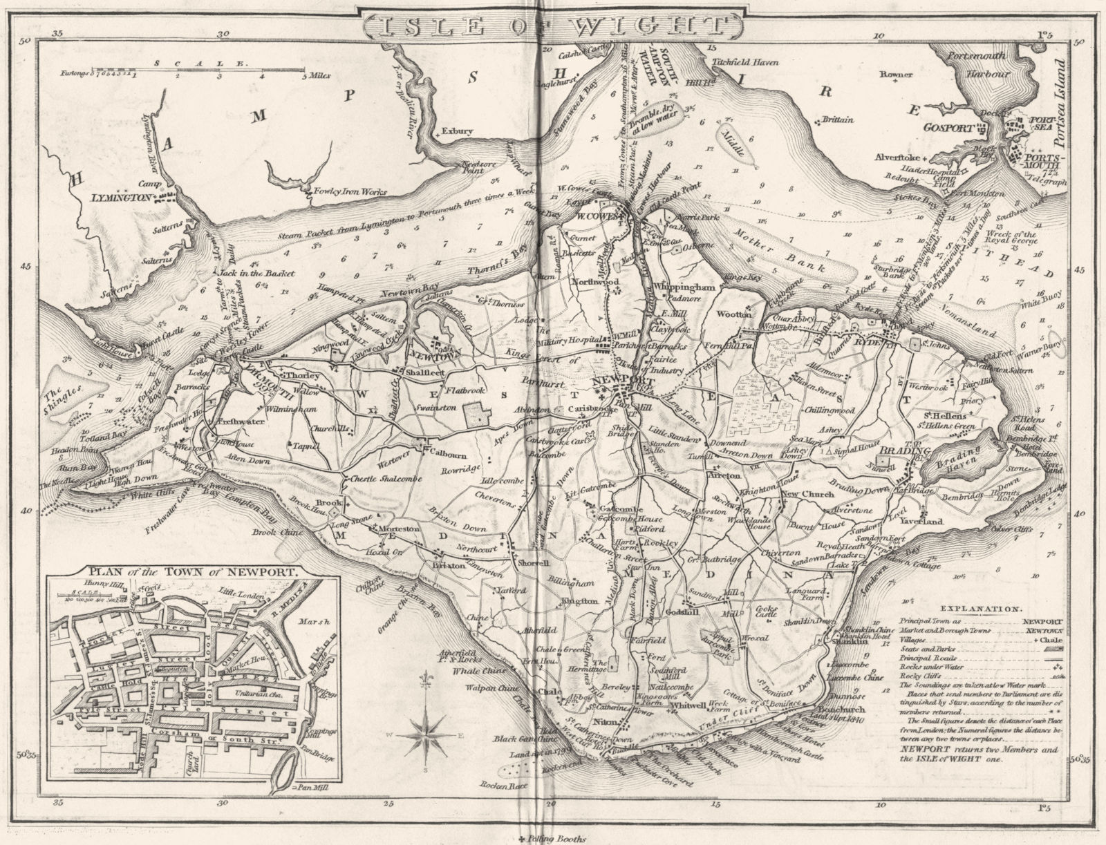 ISLE OF WIGHT. County map. Polling places. Coach roads. DUGDALE 1845 old