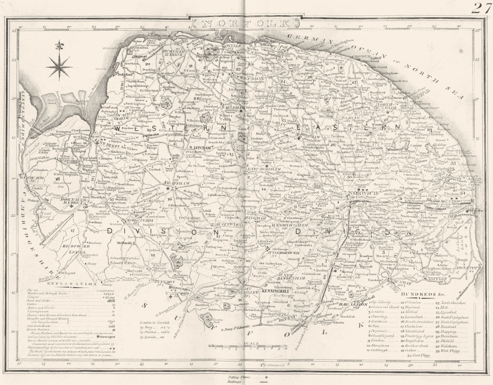 NORFOLK. County map. Polling places. Coach roads. DUGDALE 1845 old antique