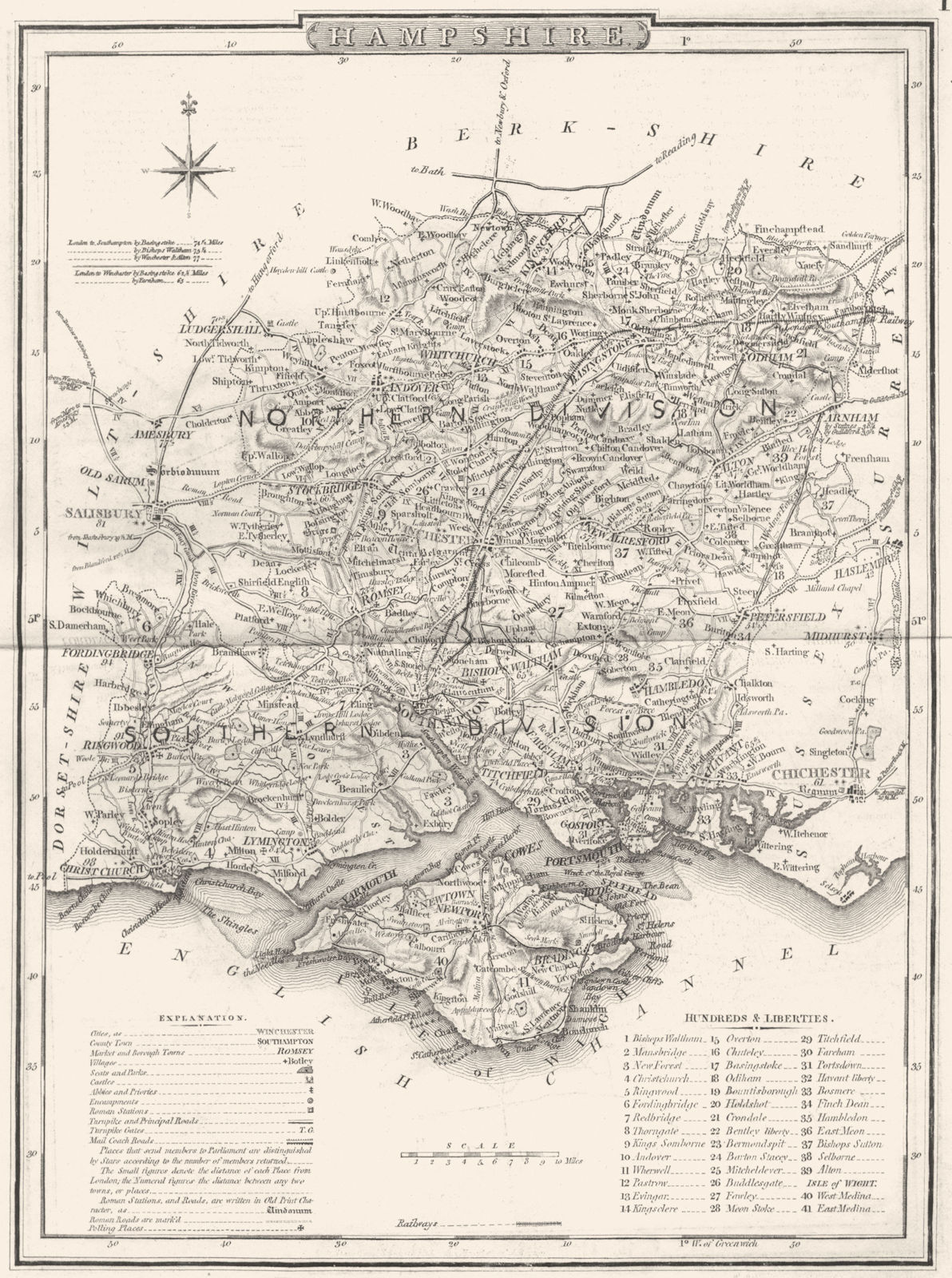 HAMPSHIRE. County map. Polling places. Coach roads. DUGDALE 1845 old