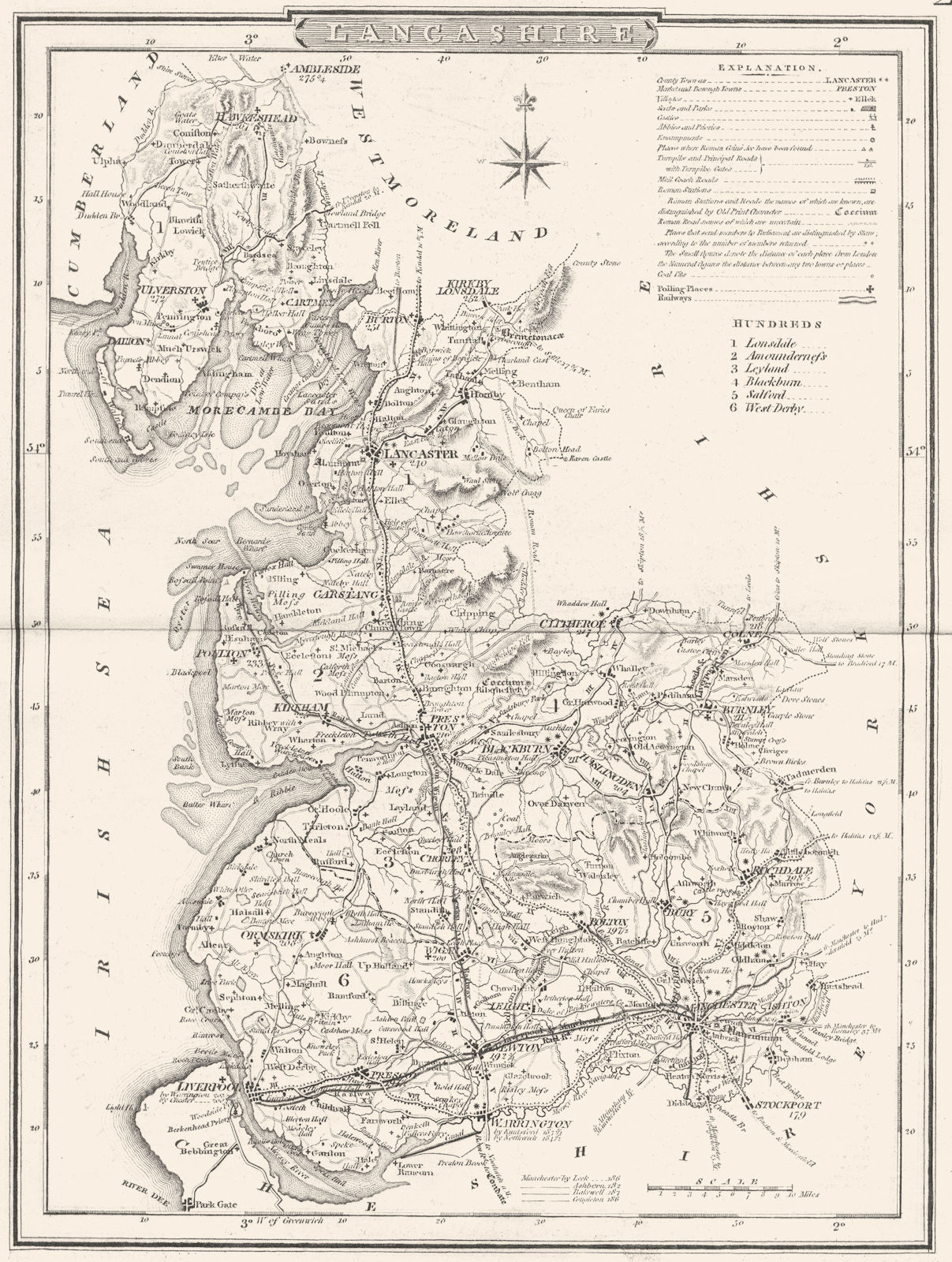 LANCASHIRE. County map. Polling places. Coach roads. DUGDALE 1845 old