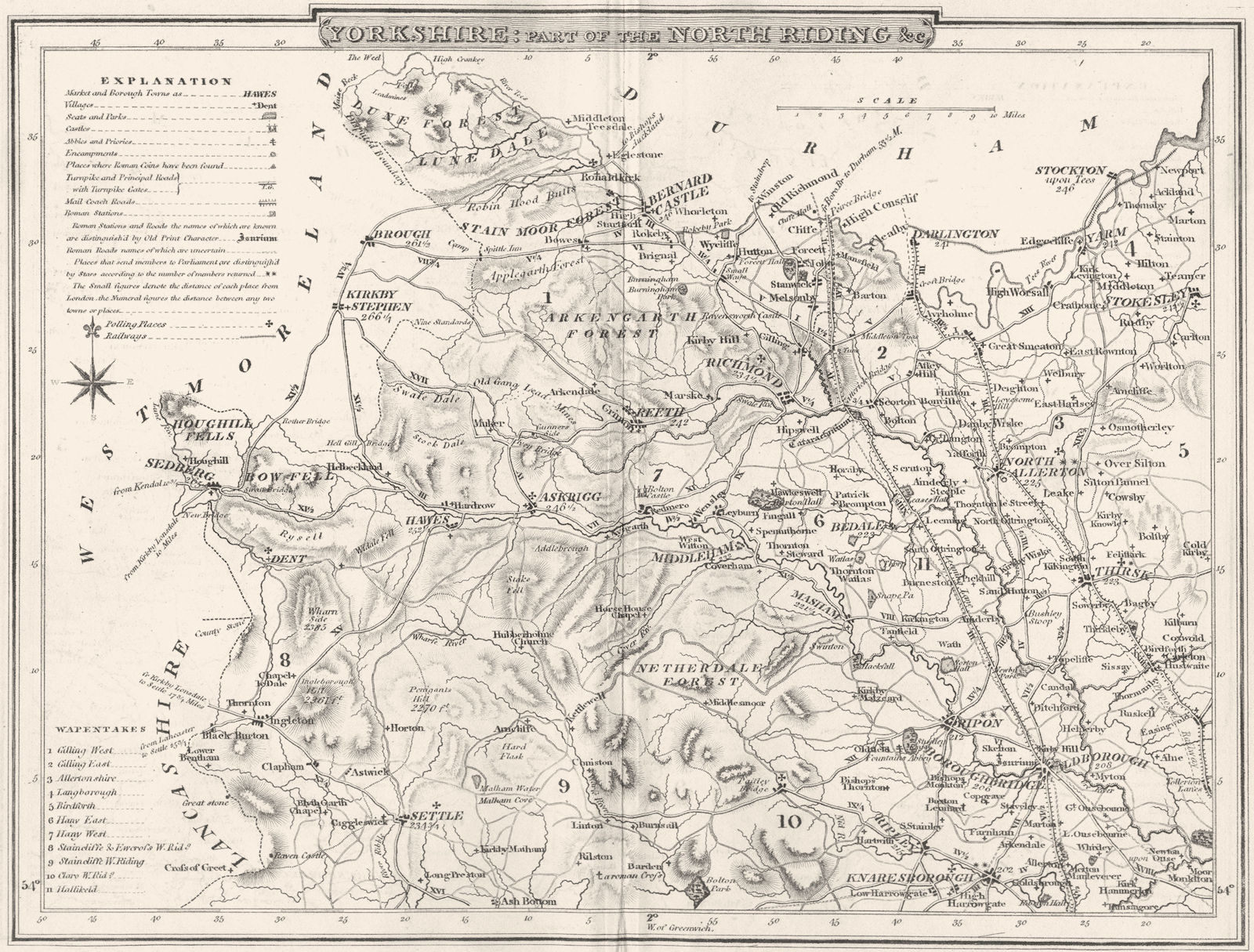 YORKSHIRE NORTH RIDING PART. County map.Polling places Coach roads. DUGDALE 1845