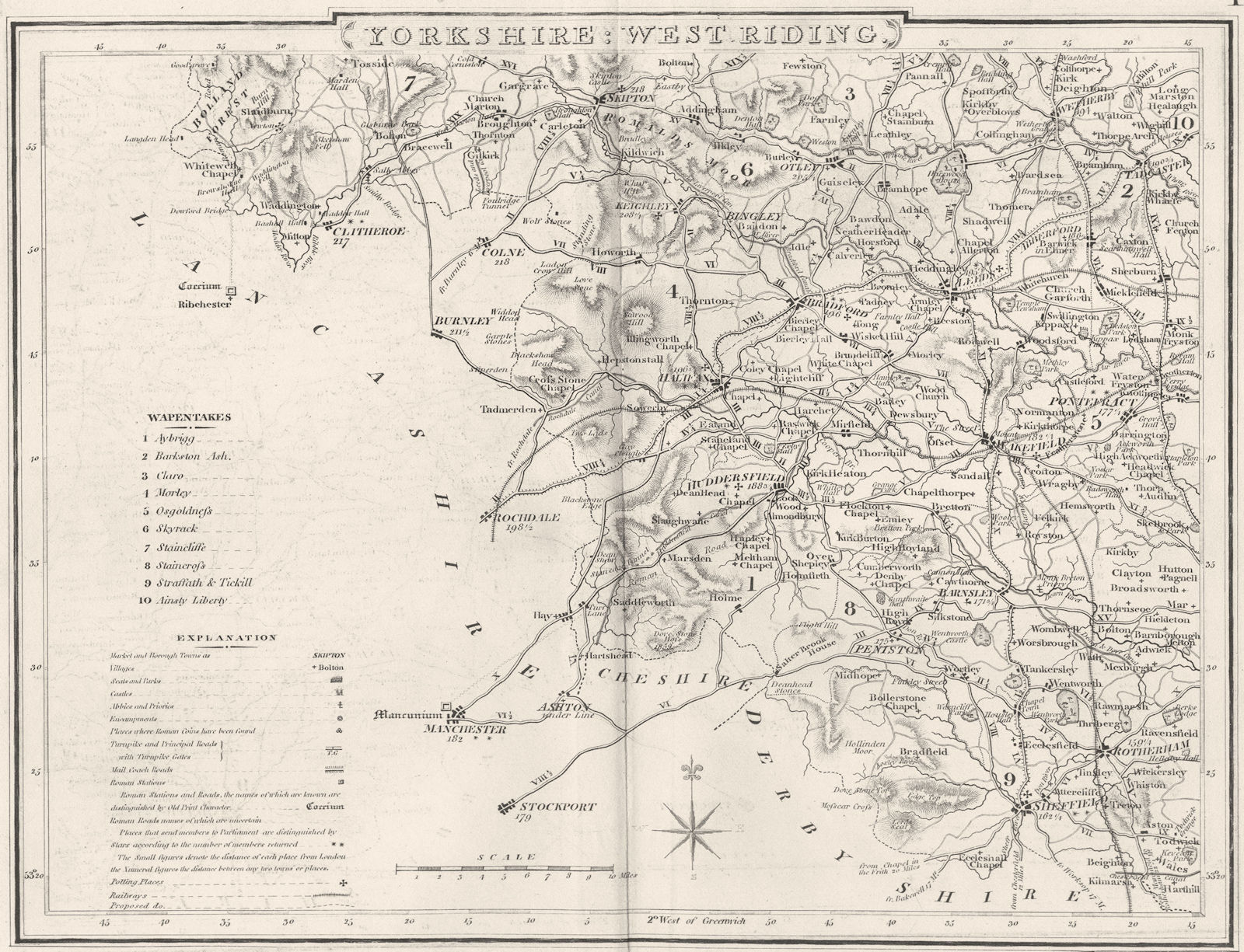 YORKSHIRE. County map. Polling places. Coach roads. DUGDALE 1845 old