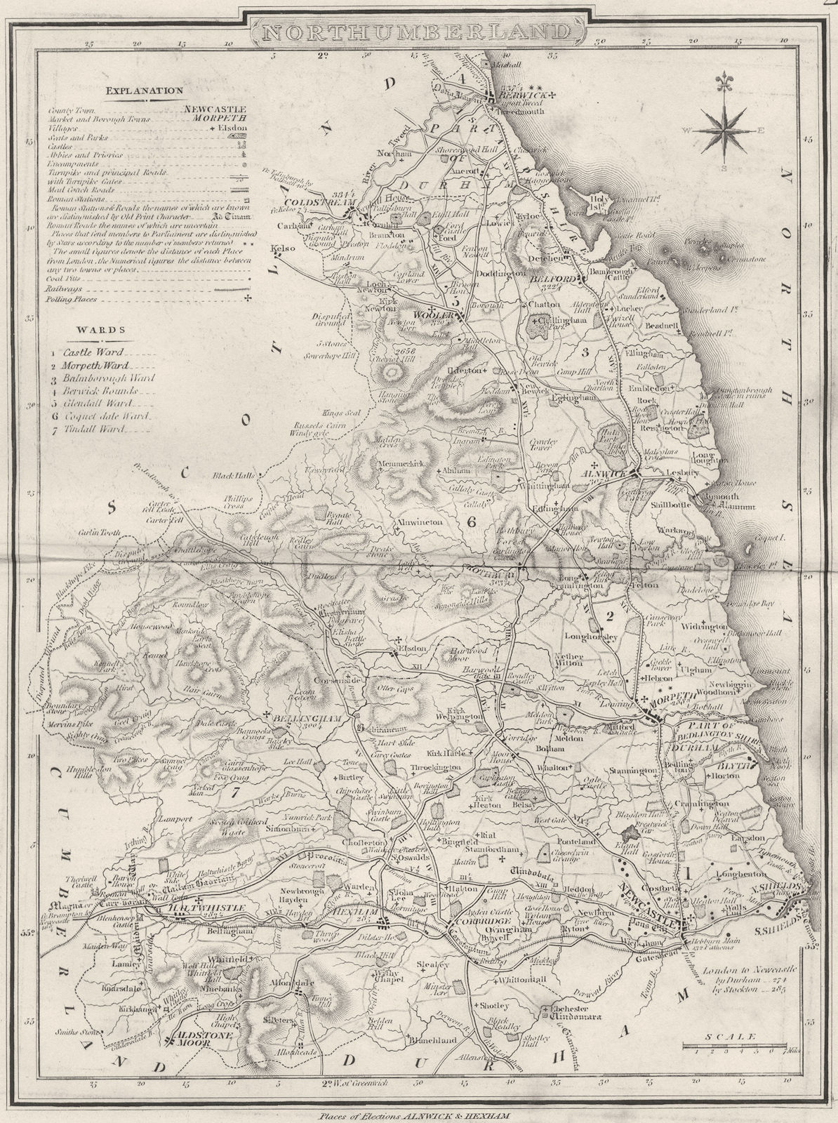 NORTHUMBERLAND NORTHUMBRIA. County map. Polling places Coach roads. DUGDALE 1845