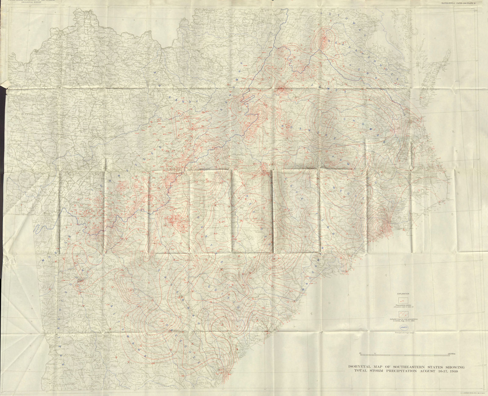 USA.10-17 Aug 1940 Floods.Southeastern States.Isohyetal Map precipitation 1948