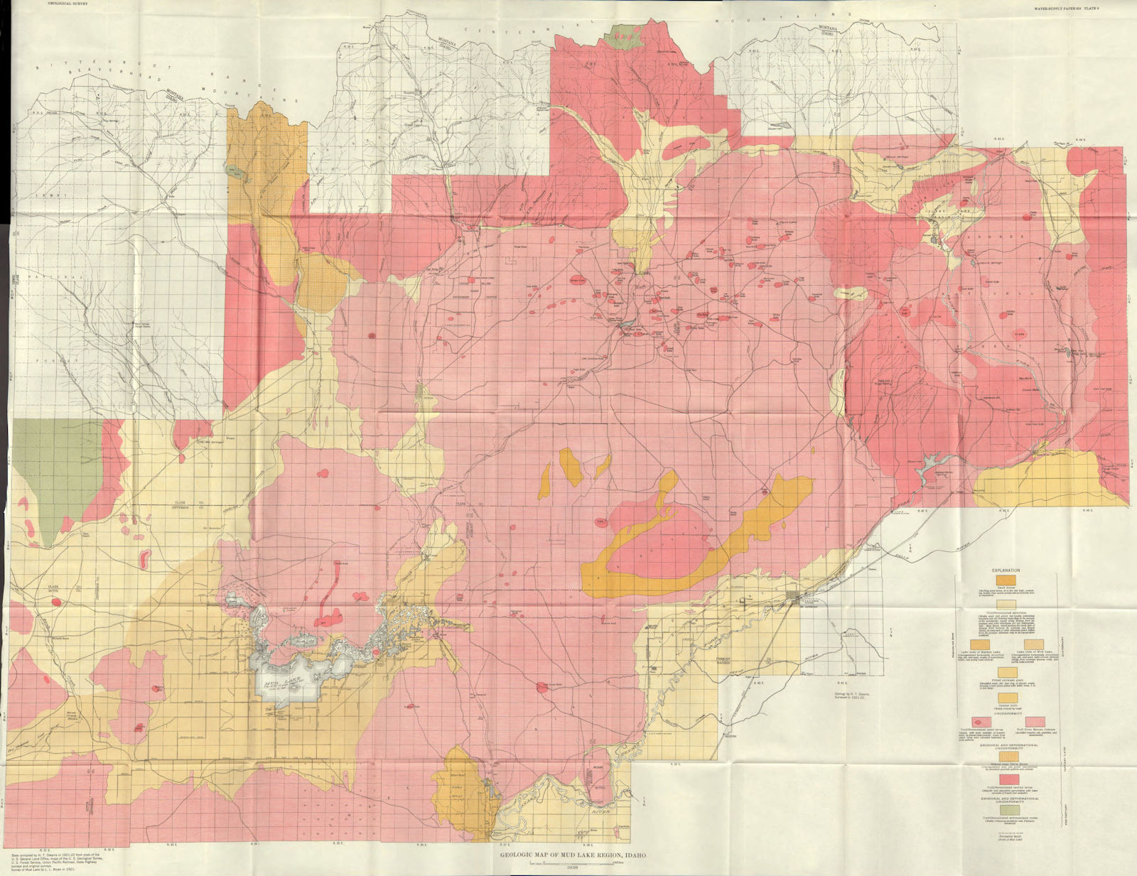 IDAHO. Geological map of Mud lake region, Idaho 1934 old vintage chart