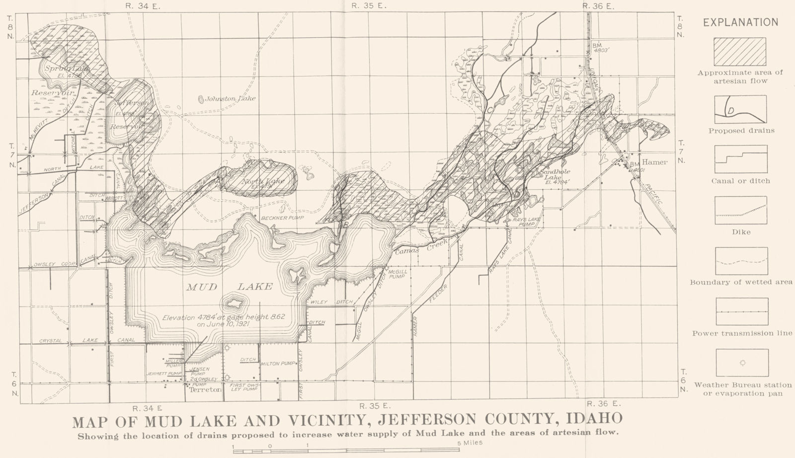 IDAHO. Mud lake, Jefferson Co drain increase water supply artesian flow 1934 map