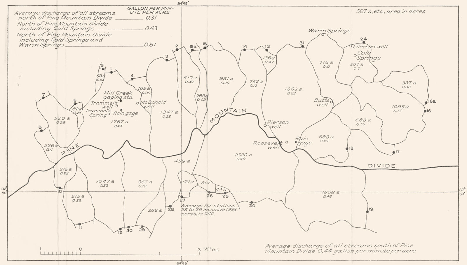 GEORGIA, US. Warm Springs; Pine Mountain drainage discharge 1934-35 1935 map