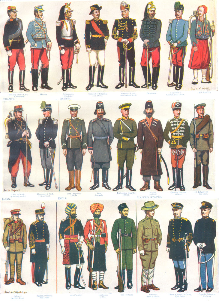 ARMY UNIFORMS. France;Russia;Japan;India;USA;Don Kuban Cossack;Grodno Sikh 1910