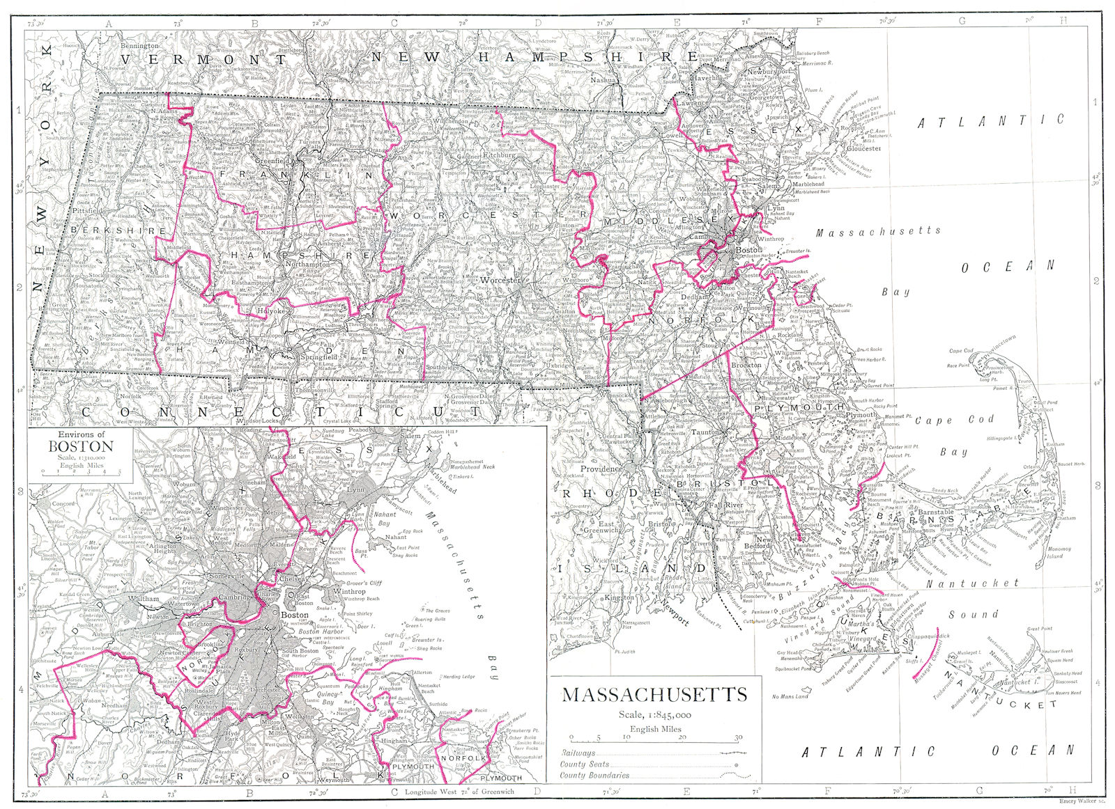 Associate Product MASSACHUSETTS. State map showing counties; Inset Environs of Boston 1910