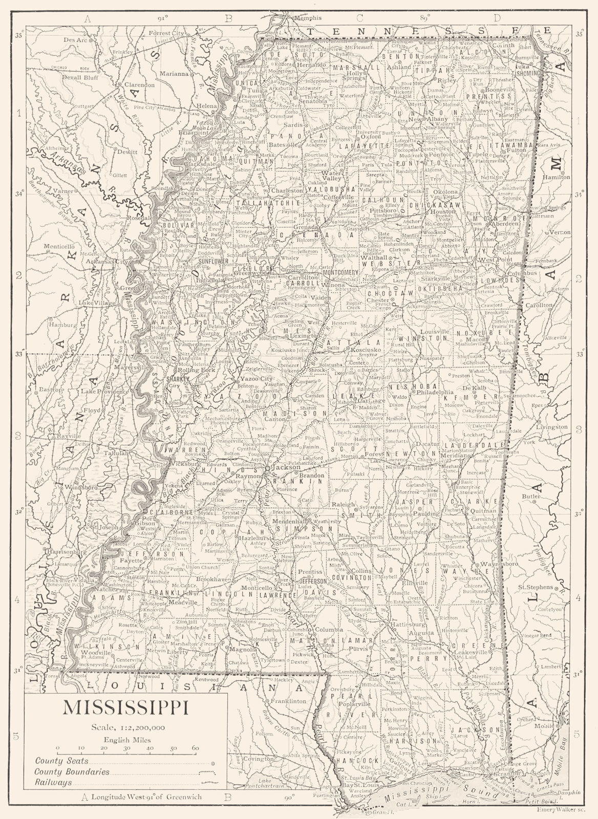 MISSISSIPPI. Mississippi state map showing counties 1910 old antique chart