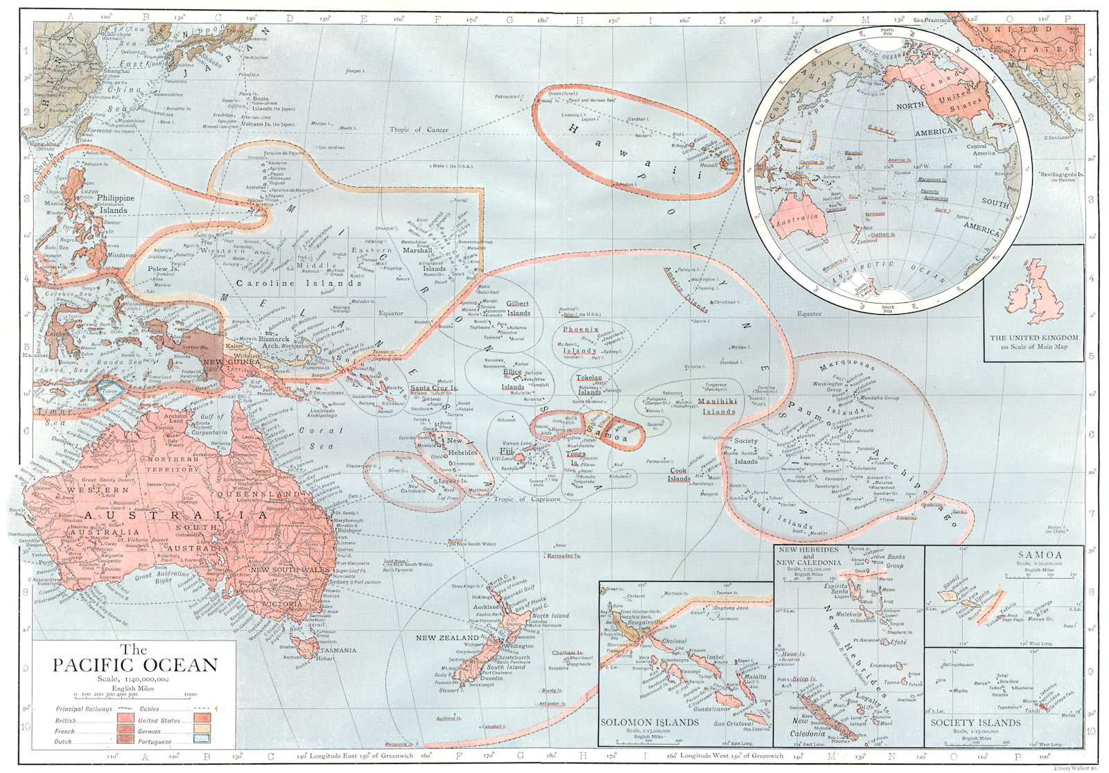 PACIFIC OCEAN.Colonial.Solomon New Hebrides Caledonia Samoa Society Is 1910 map