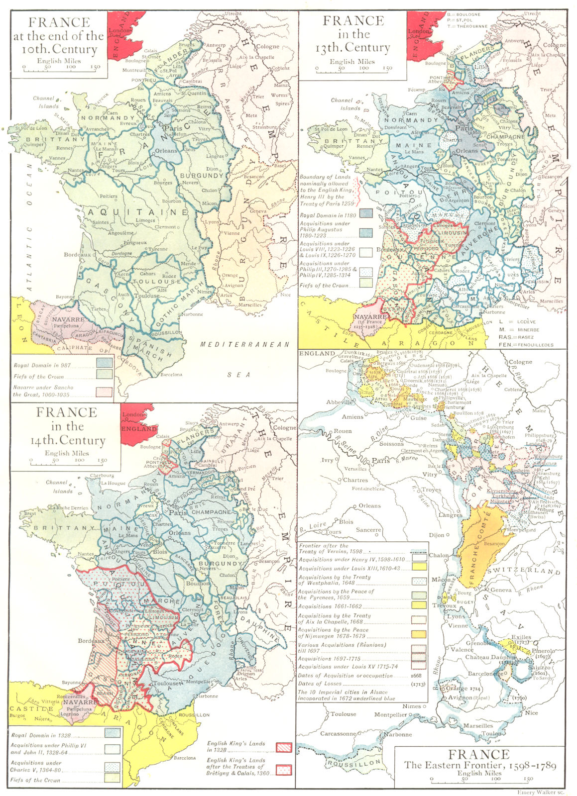Associate Product FRANCE. Eastern Frontier,1598-1789; end of 10th century; in 13th 14th C 1910 map