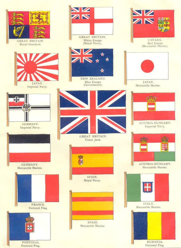 EUROPE FLAGS. Royal Standard; White Red Blue Ensign; Navy,Mercantile Marine 1910