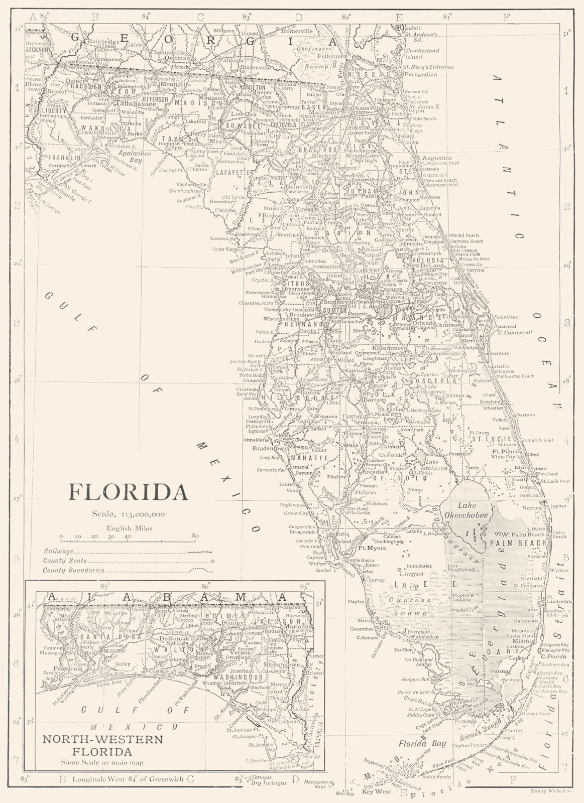FLORIDA. State map showing counties 1910 old antique vintage plan chart