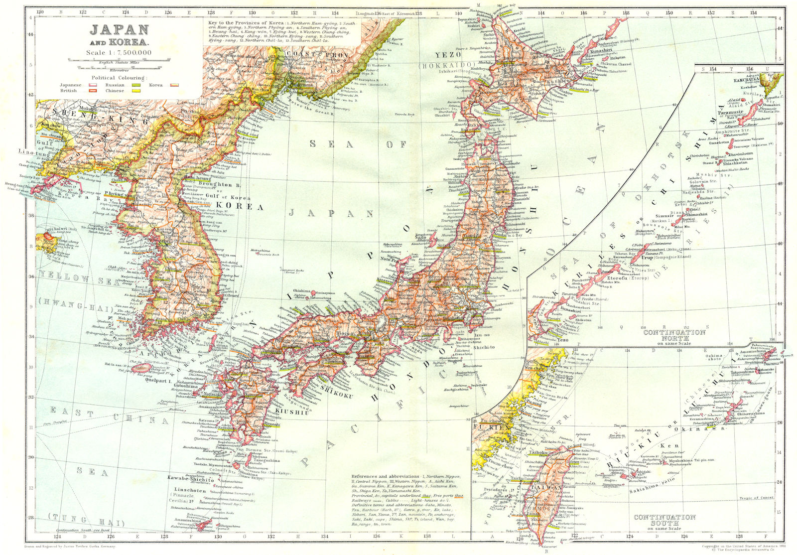 Associate Product JAPAN & KOREA. Inset maps of Kuriles Chi shima; Riu-kiu Lu-Chui; Taiwan 1910