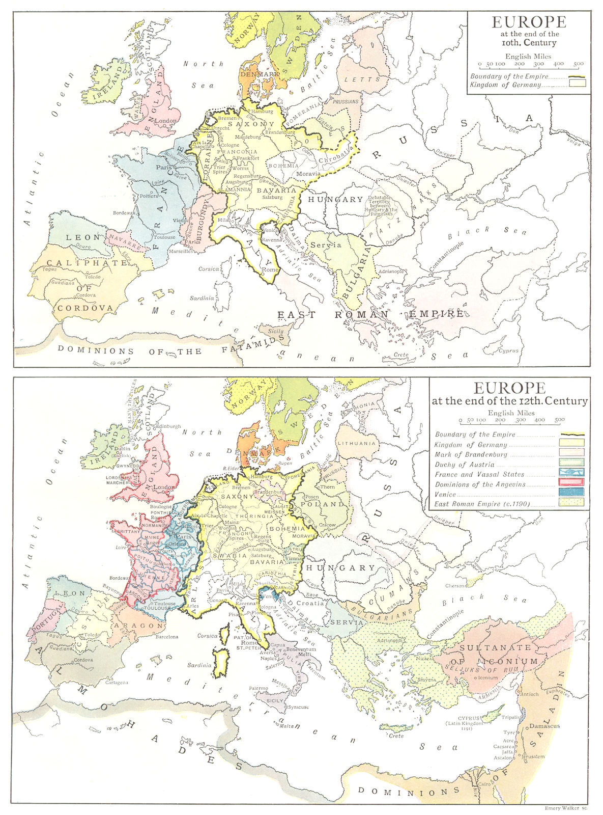 EUROPE. At  end of 10th century; end of  12th century 1910 old antique map