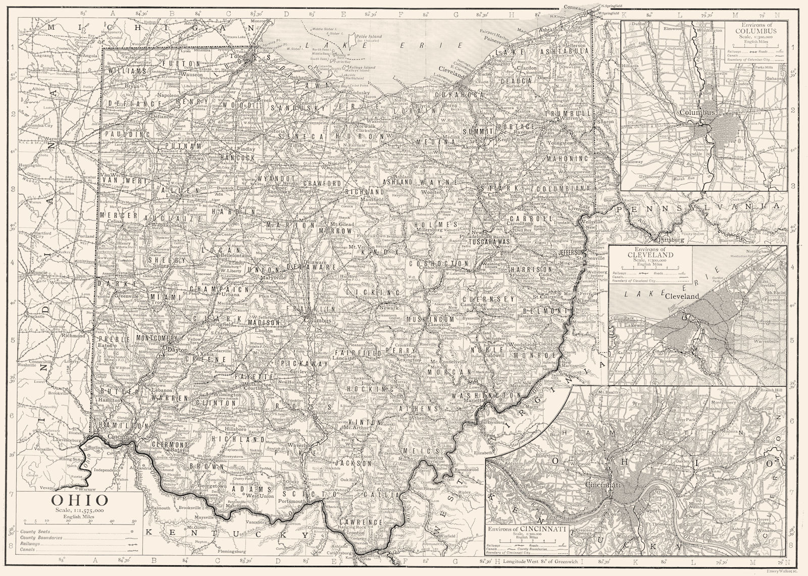 Associate Product OHIO. State map showing counties; Inset Columbus Cleveland Cincinnati 1910