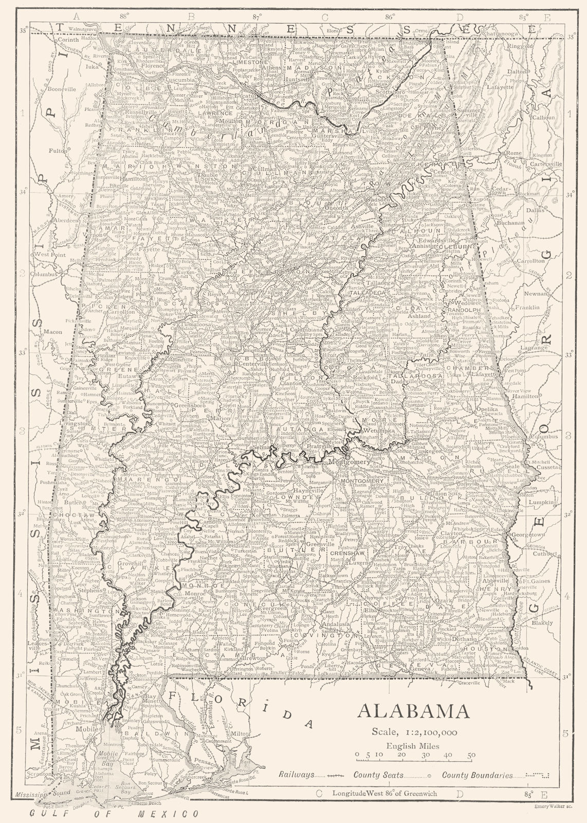 ALABAMA. Alabama state map showing counties 1910 old antique plan chart